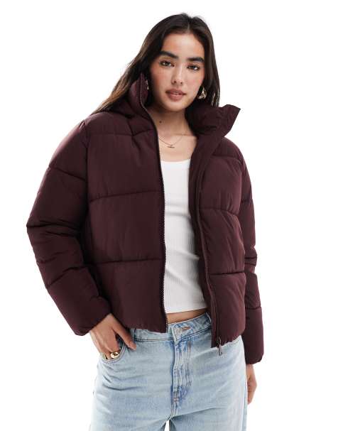 New Look cropped puffer coat in burgundy - view 1