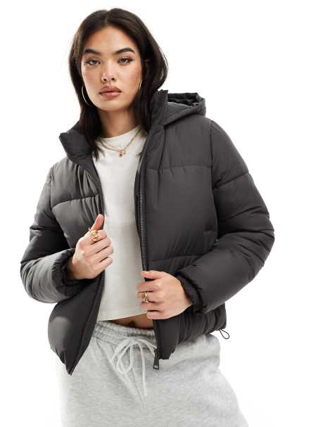 New Look cropped puffer coat in grey - view 1