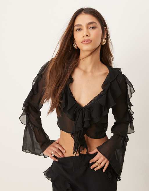 New Look cropped ruffle shell top in black ASOS