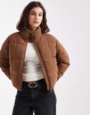 New Look - Cropped-Steppjacke aus Cord in Hellbraun-Brown