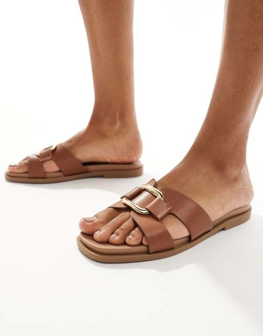 New Look cross strap flat sandals with buckle detail in brown | ASOS