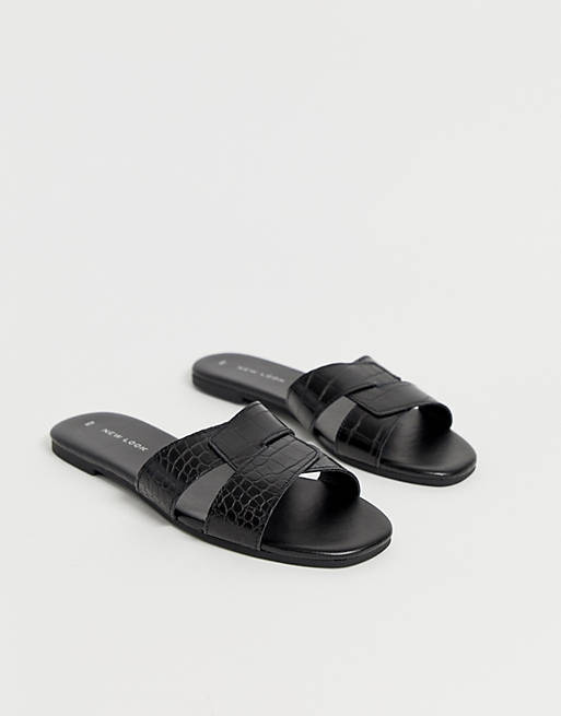 New Look cross strap flat slider sandal in black croc