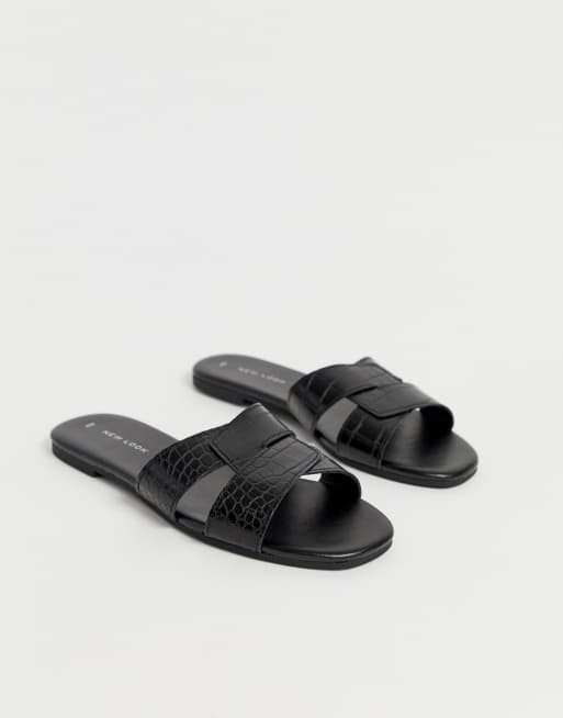 New Look cross strap flat slider sandal in black croc | ASOS