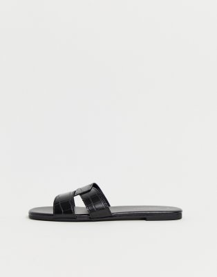 new look cross strap flat slider sandal in black croc