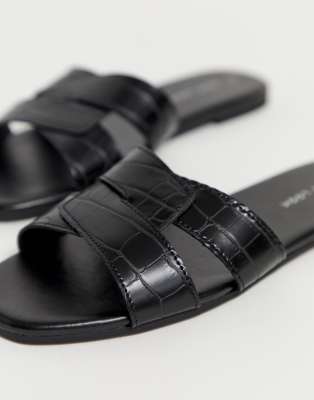 New look cross strap flat slider sandal in black croc on sale