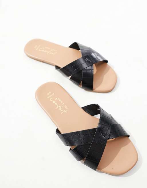 New look cross strap flat slider 2025 sandal in black croc