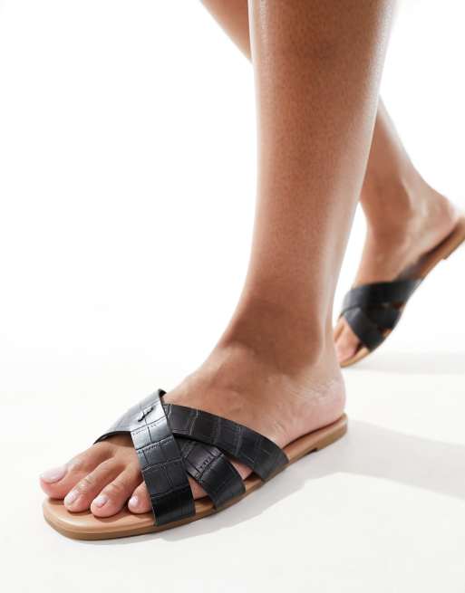 New look cross strap flat slider sandal in store black croc