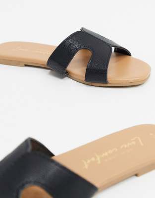 new look cross strap flat slider sandal in black croc