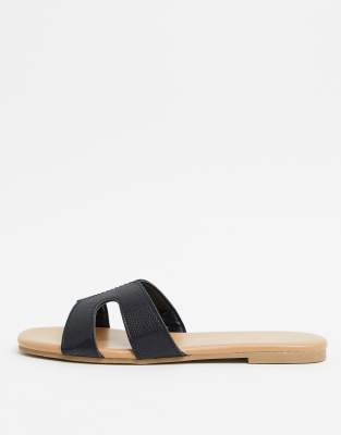 new look cross strap flat slider sandal in black croc