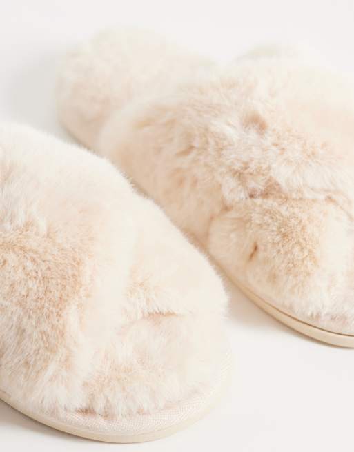 New Look crossover faux fur slippers in cream, 4 of 5