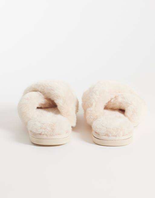 New Look crossover faux fur slippers in cream, 5 of 5