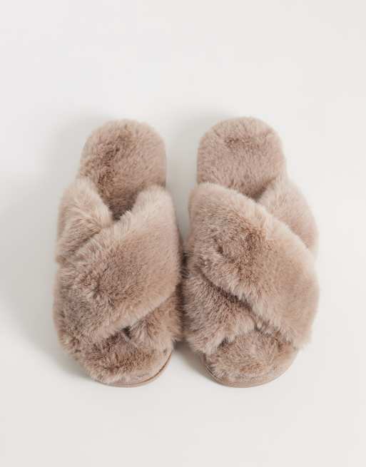 New Look crossover faux fur slippers in mink brown, 2 of 5