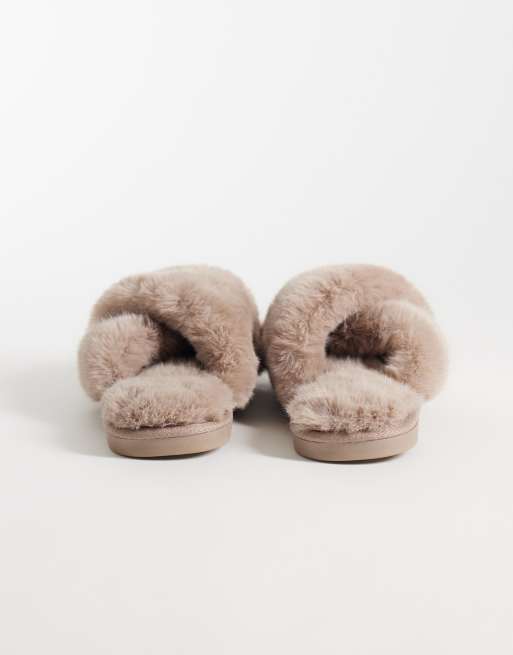New Look crossover faux fur slippers in mink brown, 5 of 5