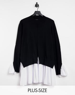 New Look Curve 2 in 1 jumper with white shirt detail in black ASOS