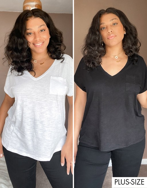 New Look Curve 2 pack v neck t-shirts in black