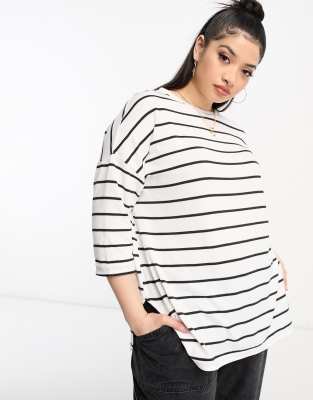 New Look Curve 3/4 sleeve t-shirt in black and white stripe