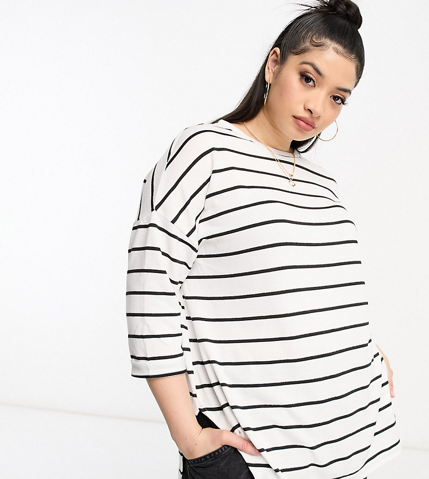New Look Curve 3/4 sleeve t-shirt in black and white stripe