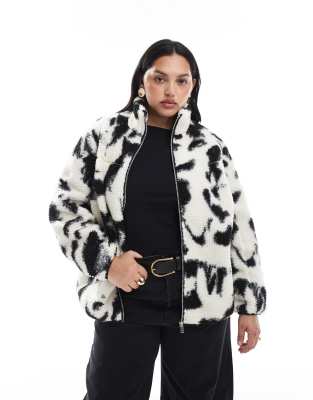 New Look Plus New Look Curve abstract printed borg jacket in cream-White