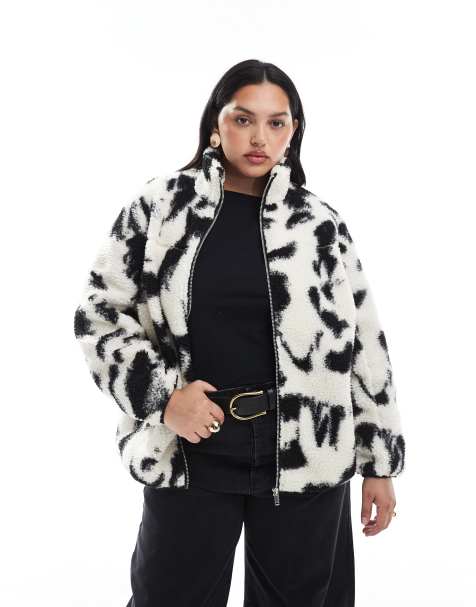 New Look Curve abstract printed borg jacket in cream - view 1