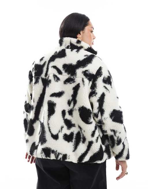 New Look Curve abstract printed borg jacket in cream ASOS