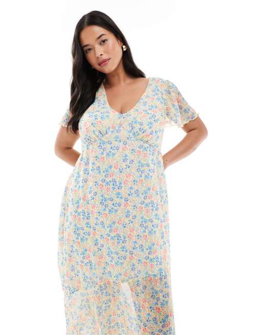 New Look Curve asymmetric v neck midi dress in floral print, 2 of 4