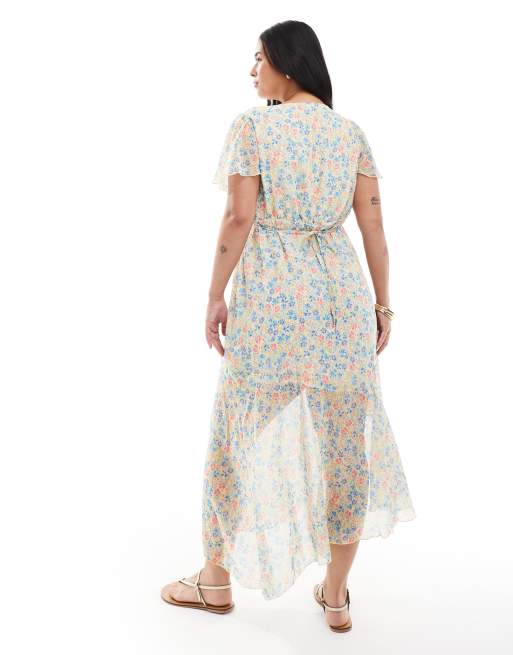 New Look Curve asymmetric v neck midi dress in floral print, 3 of 4