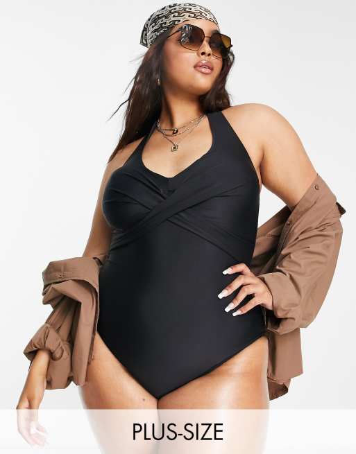 New Look Curve - Badpak met inkeping bij de hals en dierenprint in blauw