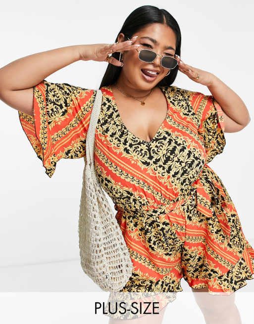 New Look Curve beach playsuit in red chain pattern
