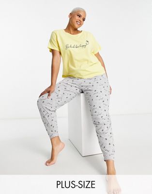 New Look Curve bee happy pyjama jogger set in yellow