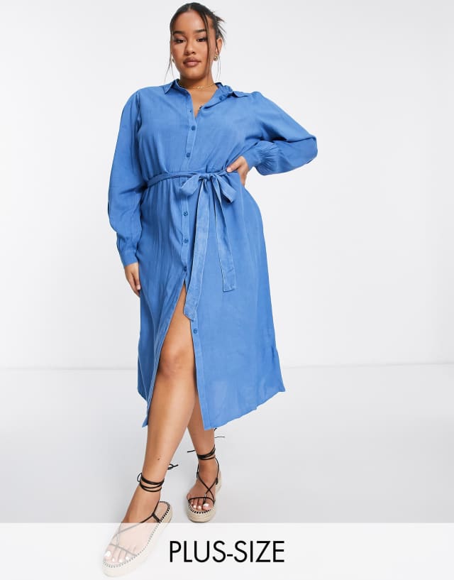 New Look Curve belted denim shirt dress in blue