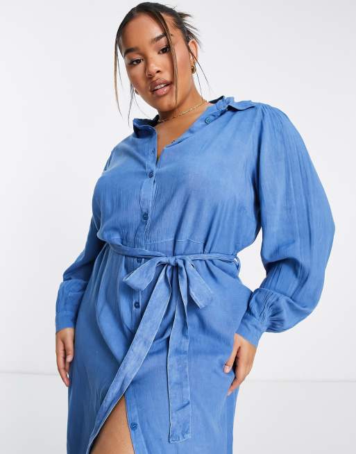 New Look Curve belted denim shirt dress in blue | ASOS