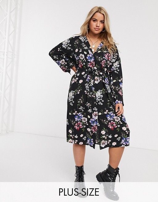 New Look Curve belted long sleeved shirt dress in black floral