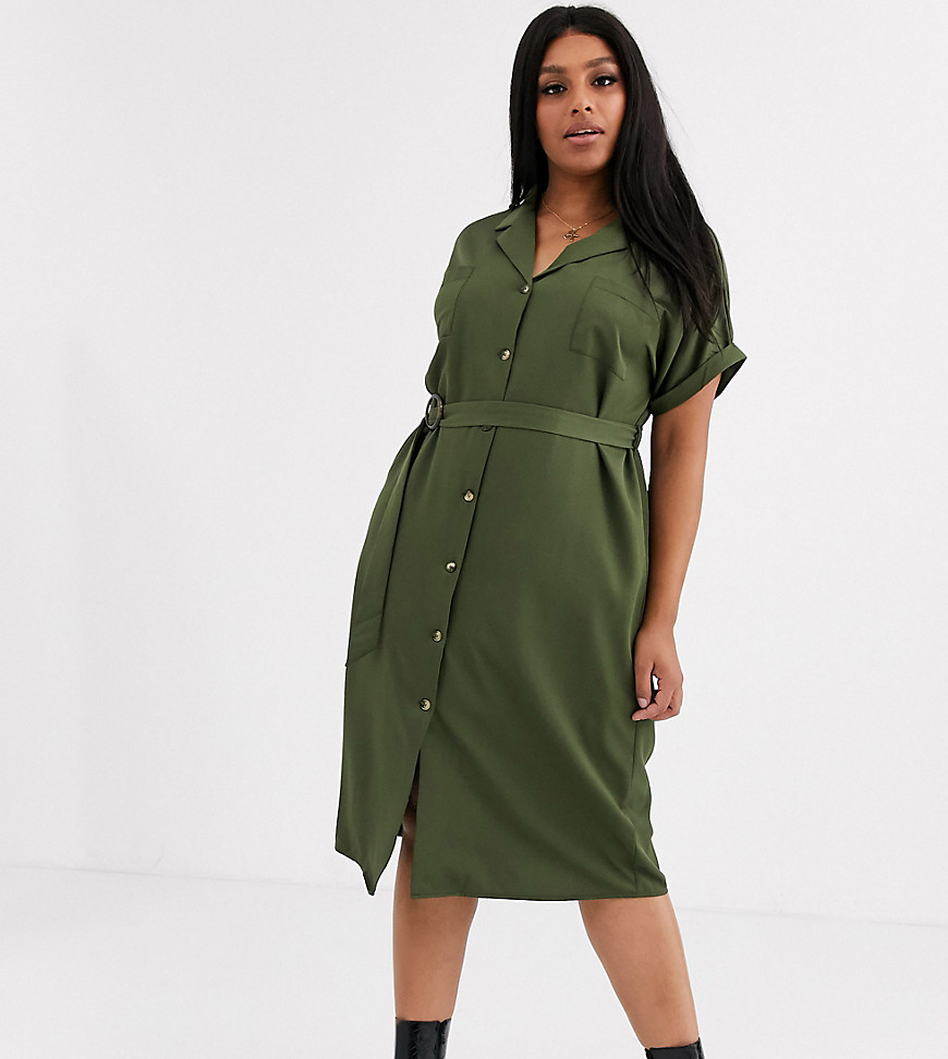 New Look Curve belted shirt dress-Green