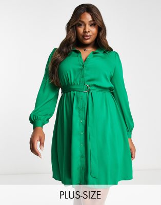 New Look Curve belted shirt mini dress in green