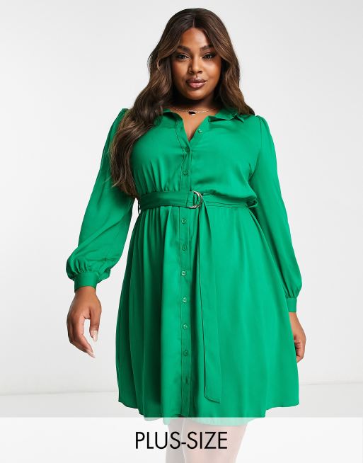 New Look Curve belted shirt mini dress in green | ASOS