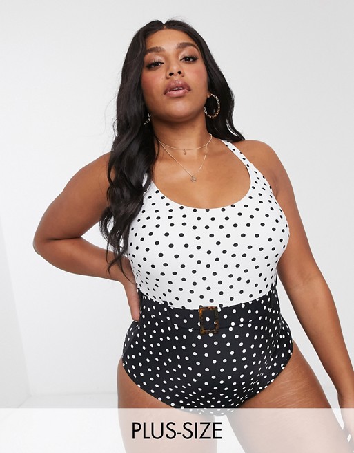 New Look Curve belted swimsuit in contrast polka dot