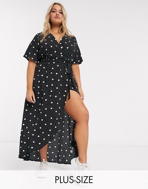 New Look Curve belted wrap dress in mixed spot print