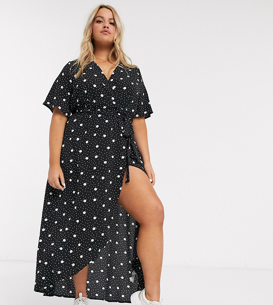 New Look Curve belted wrap dress in mixed spot print-Black