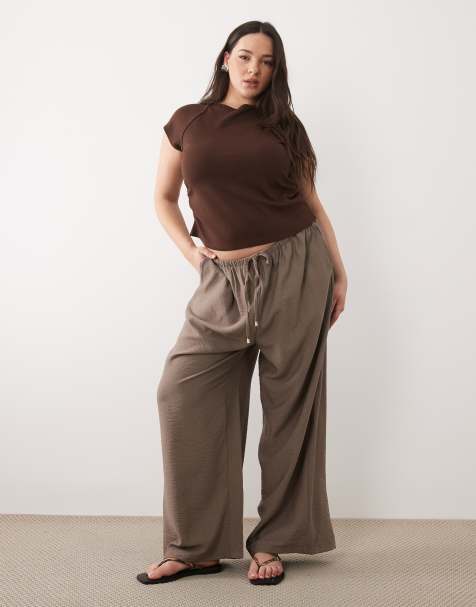 New Look Curve – Beżowe spodnie z szerokimi nogawkami z tkaniny - view 1