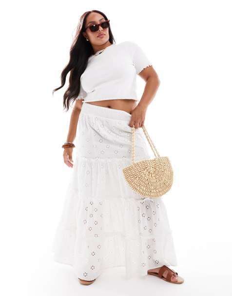 New Look Curve shirred waist embroidered midi skirt in white
