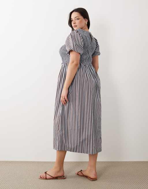 New Look Curve - Blå midikjole med rynker og striber, 4 af 4