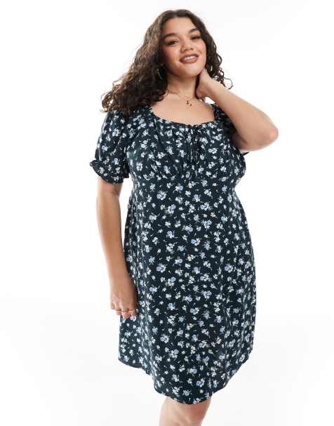 New Look Curve - Blå milkmaid-minikjole med gingham-tern og blomstermønster - view 1