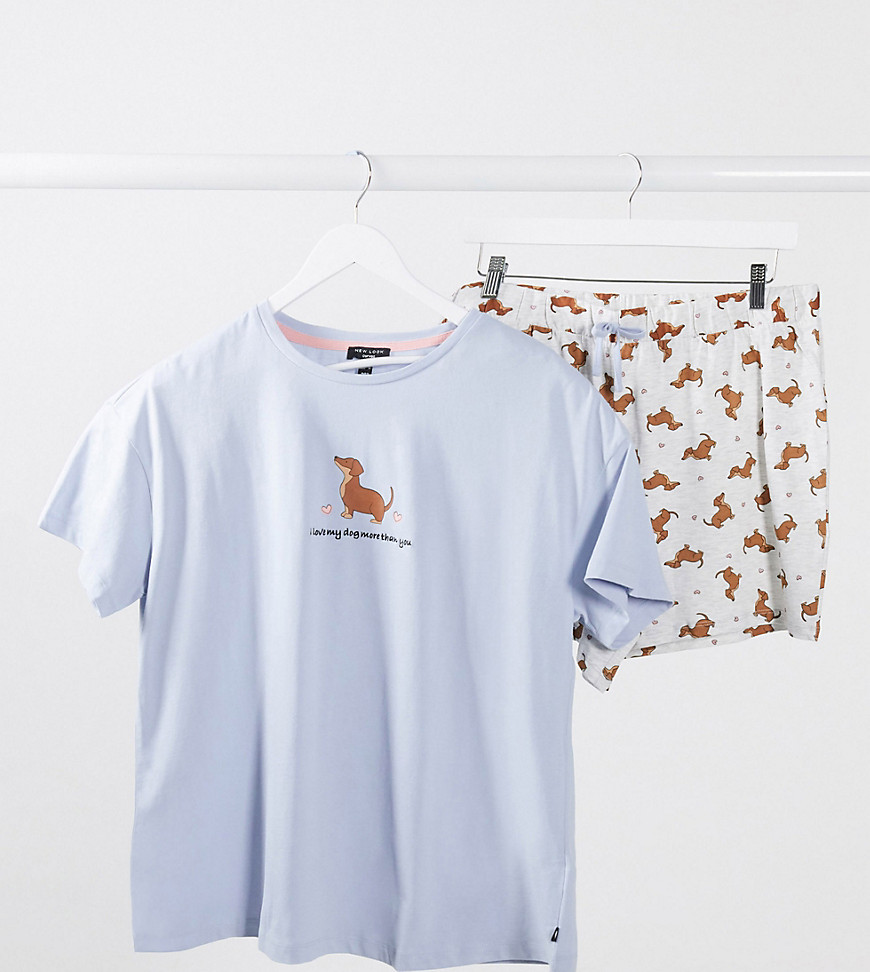 New Look Curve – Blå pyjamas med shorts och t-shirt med hundmotiv