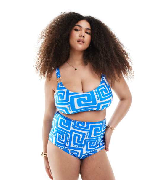 New Look Curve – Blå, virvelmönstrad bikiniöverdel med djup ringning - view 1