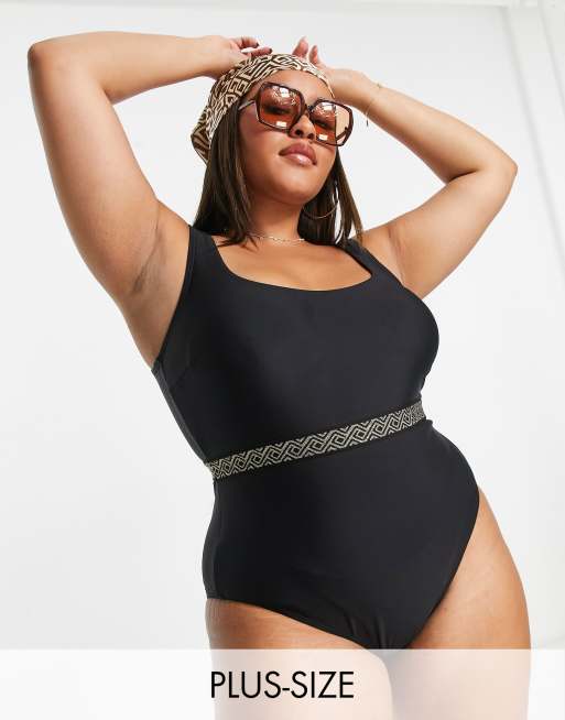 New Look Curve black scoop neck swimsuit with monogram waist belt in black