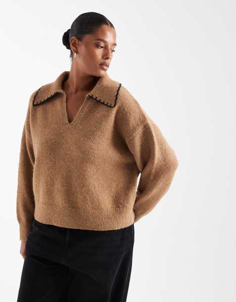 New Look Curve blanket stitch jumper in tan