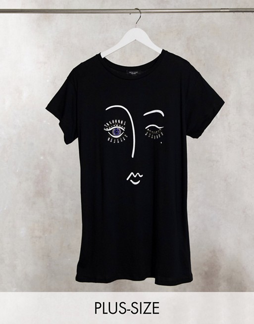 New Look Curve diamante eyelash t-shirt in black