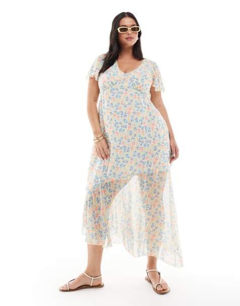 New Look Curve – Blommig midiklänning med asymmetrisk v-ringning - view 1