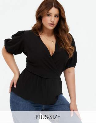 New Look Curve - Blouse cache-cœur texturée - Noir