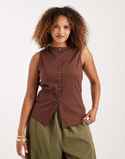New Look Curve boat neck button through tank top in dark brown - view 1